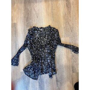 NY Connections Floral Ruffle Button-Up Top – Black & White – Size Large